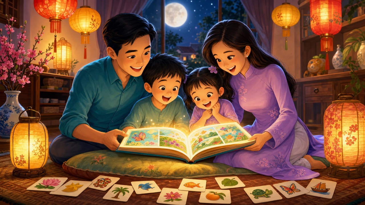 Illustration of a Vietnamese family — mom, dad, son, and daughter — reading a glowing bilingual picture book together under lanterns
