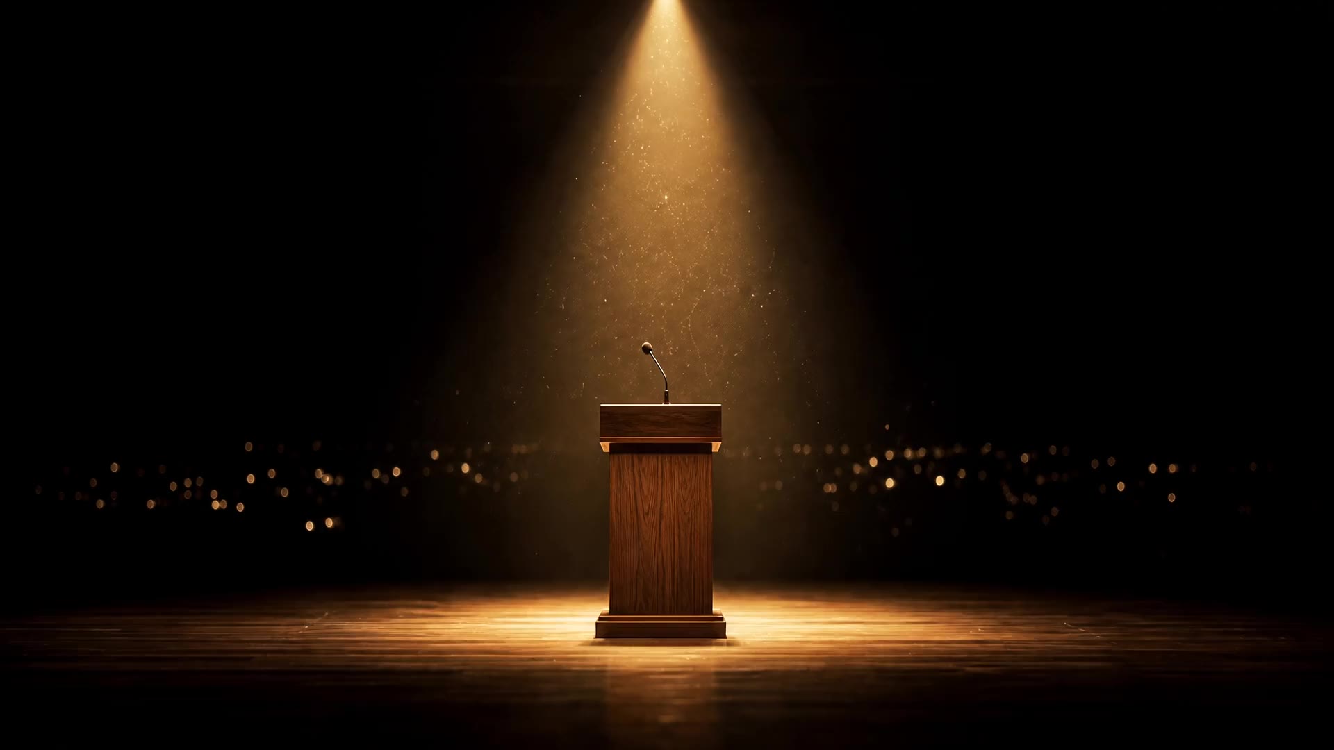 A podium under a golden spotlight in a dark auditorium