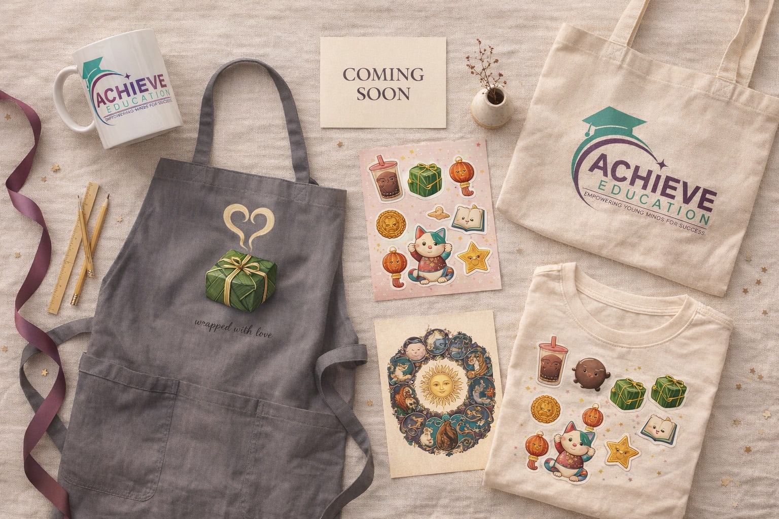Bird's-eye view of a design table with Achieve Education merchandise — coming soon