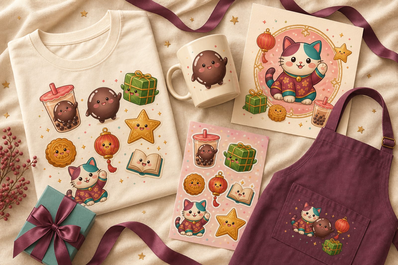 Illustrated tee, mug, zodiac art print, sticker sheet, and plum apron arranged on cream linen
