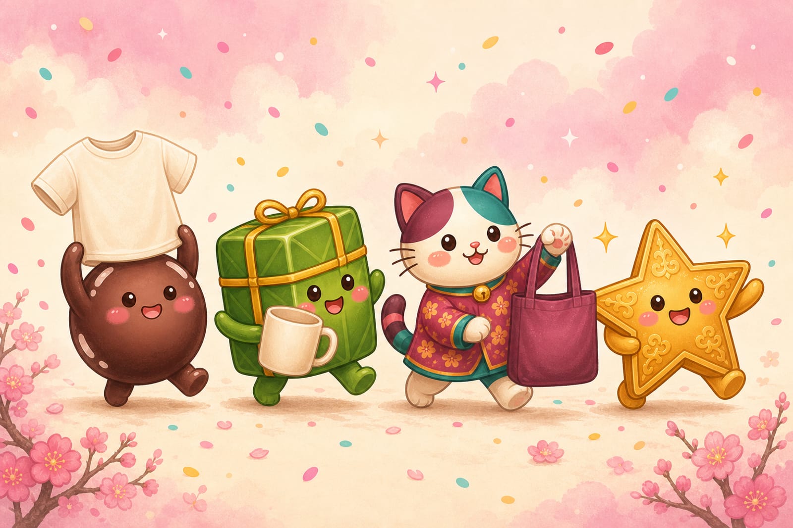 Boba pearl, bánh chưng buddy, zodiac cat, and gold star characters marching with a tee, mug, and tote