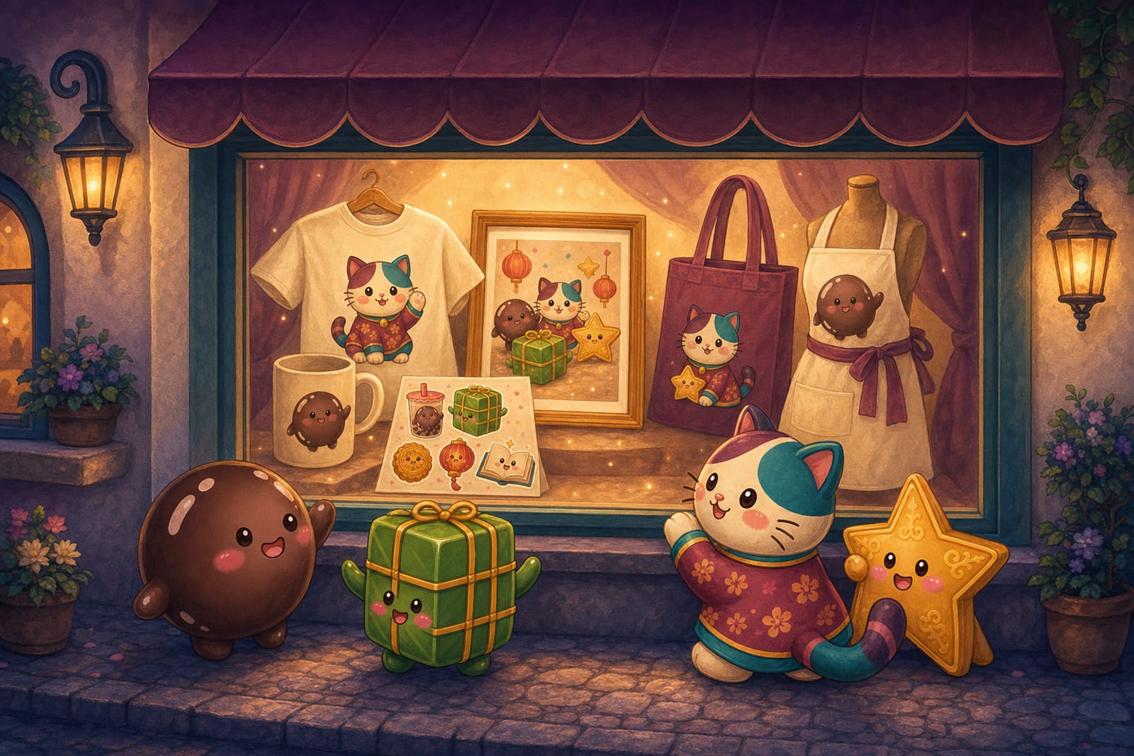 Boba pearl, bánh chưng buddy, zodiac cat, and gold star characters peeking into a glowing plum-awning merchandise shop window