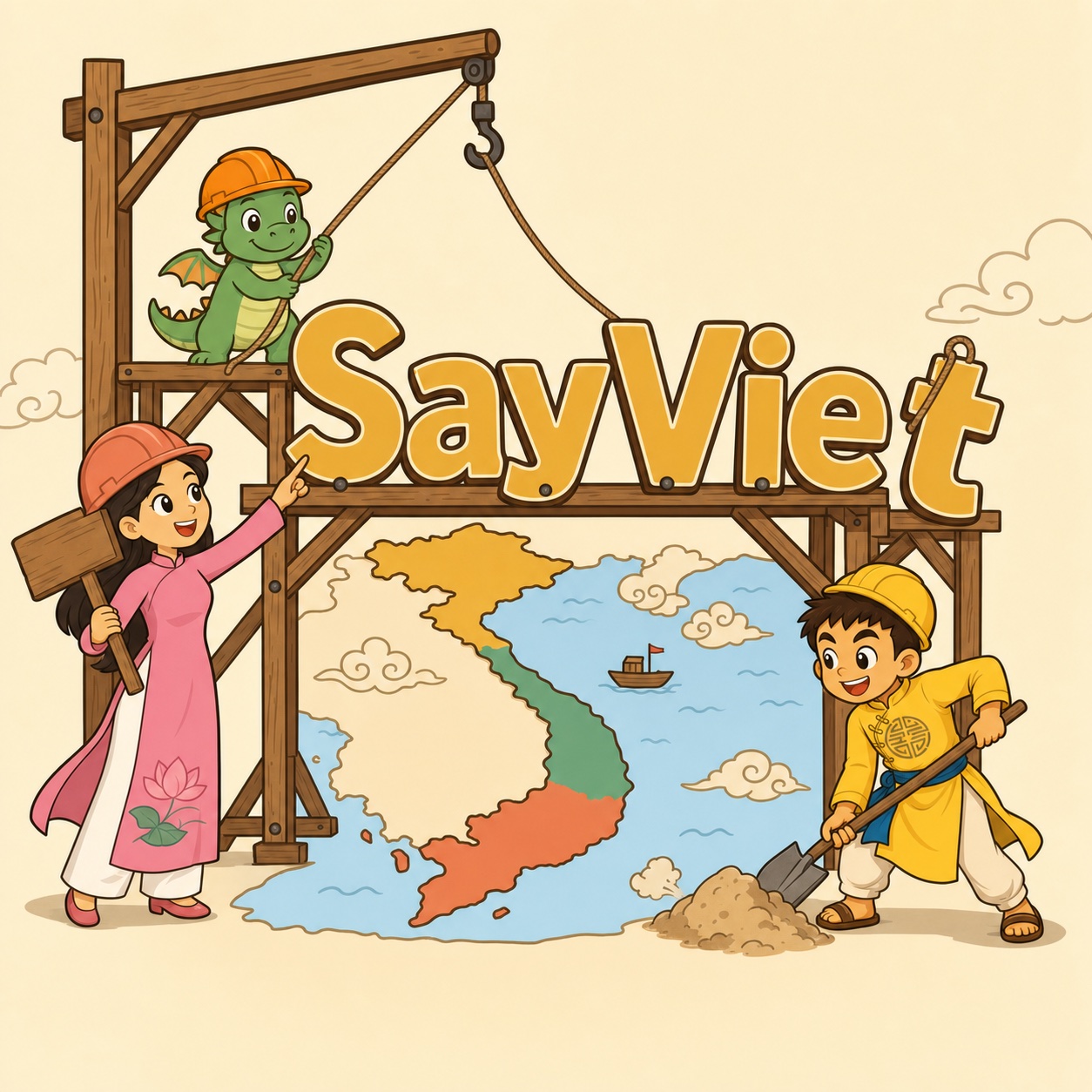 SayViet artwork — Bảo the dragon, Vi and Minh in hard hats raising the SayViet sign on scaffolding above a map of Vietnam, with the game still under construction