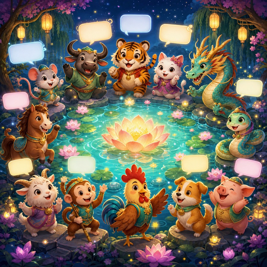 SayViet game artwork — the 12 Vietnamese zodiac animals gathered around a glowing lotus pond