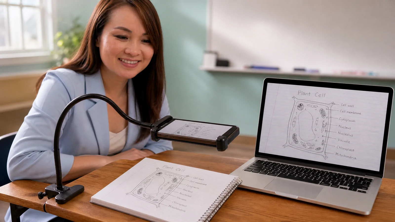 Teacher at a classroom desk with her phone on a stand above an open notebook, the page showing live on her laptop and the classroom projector screen